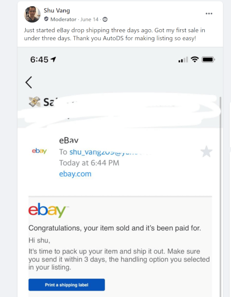 shu's first sale post about his first sale in anew ebay account dropshipping